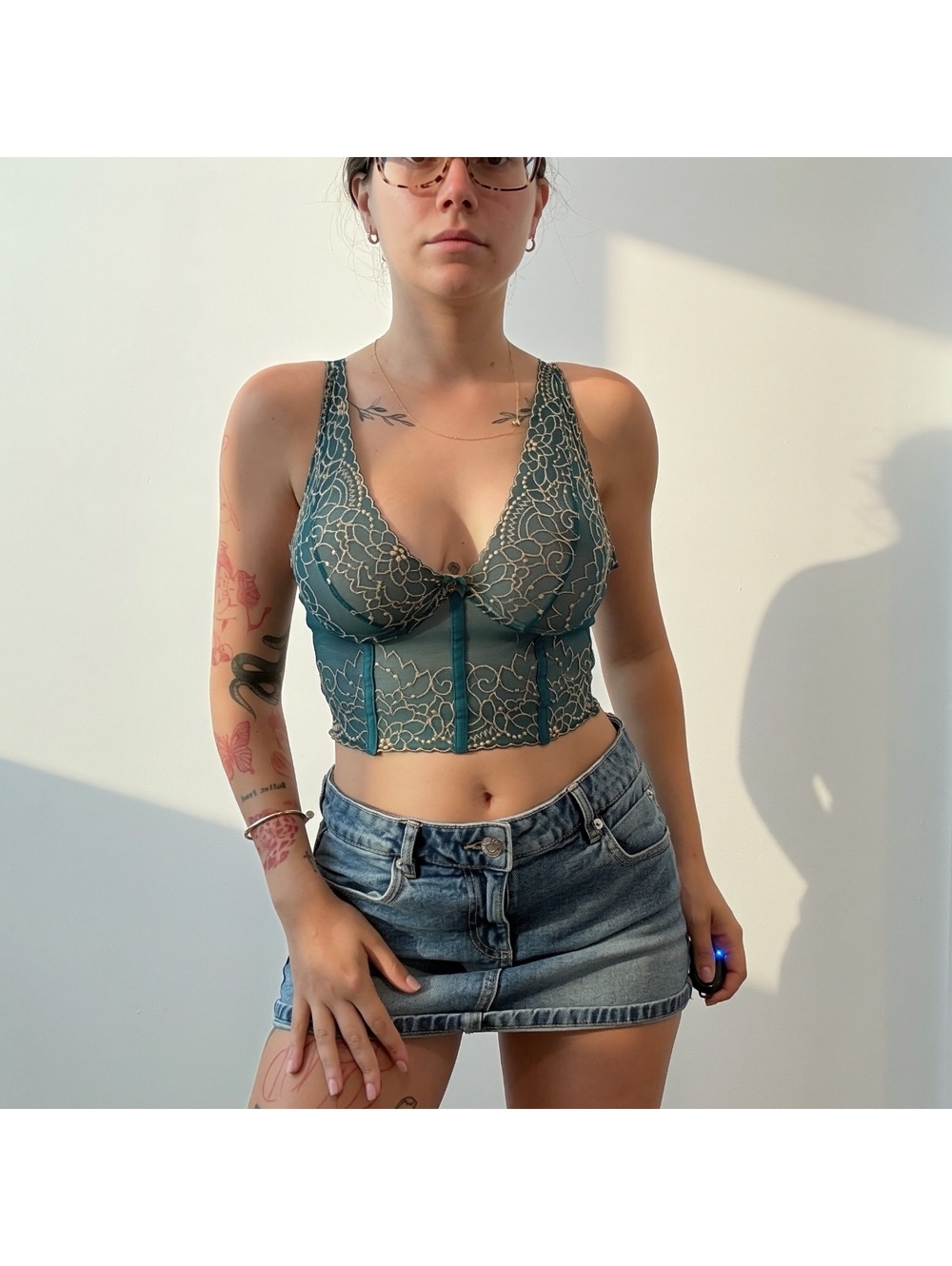 Delie Teal & Gold Embroidered Lace Bustier Corset Top